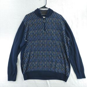 Alex Cannon Men's Sweater XL Blue Checkered 1/4 Zip Cotton Pullover